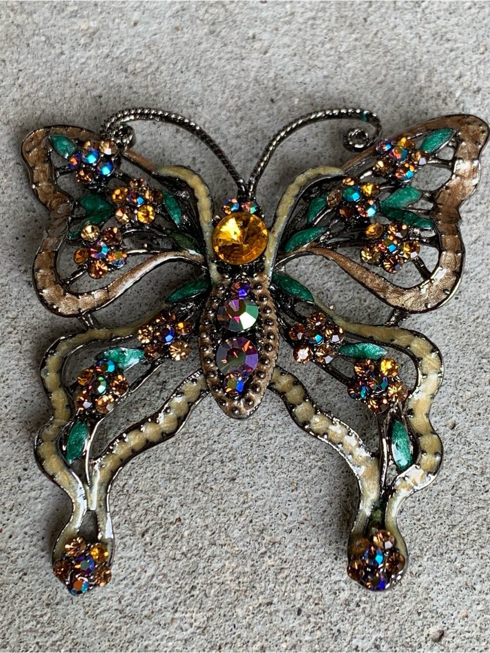 Vintage Large Butterfly Brooch Pin Enamel Rhinestone Amber AB Green Cream Metal